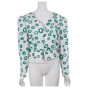 FLORA KUNG Vintage Top 4 White Green Silk Puff Long Sleeve V-Neck Cropped 80s